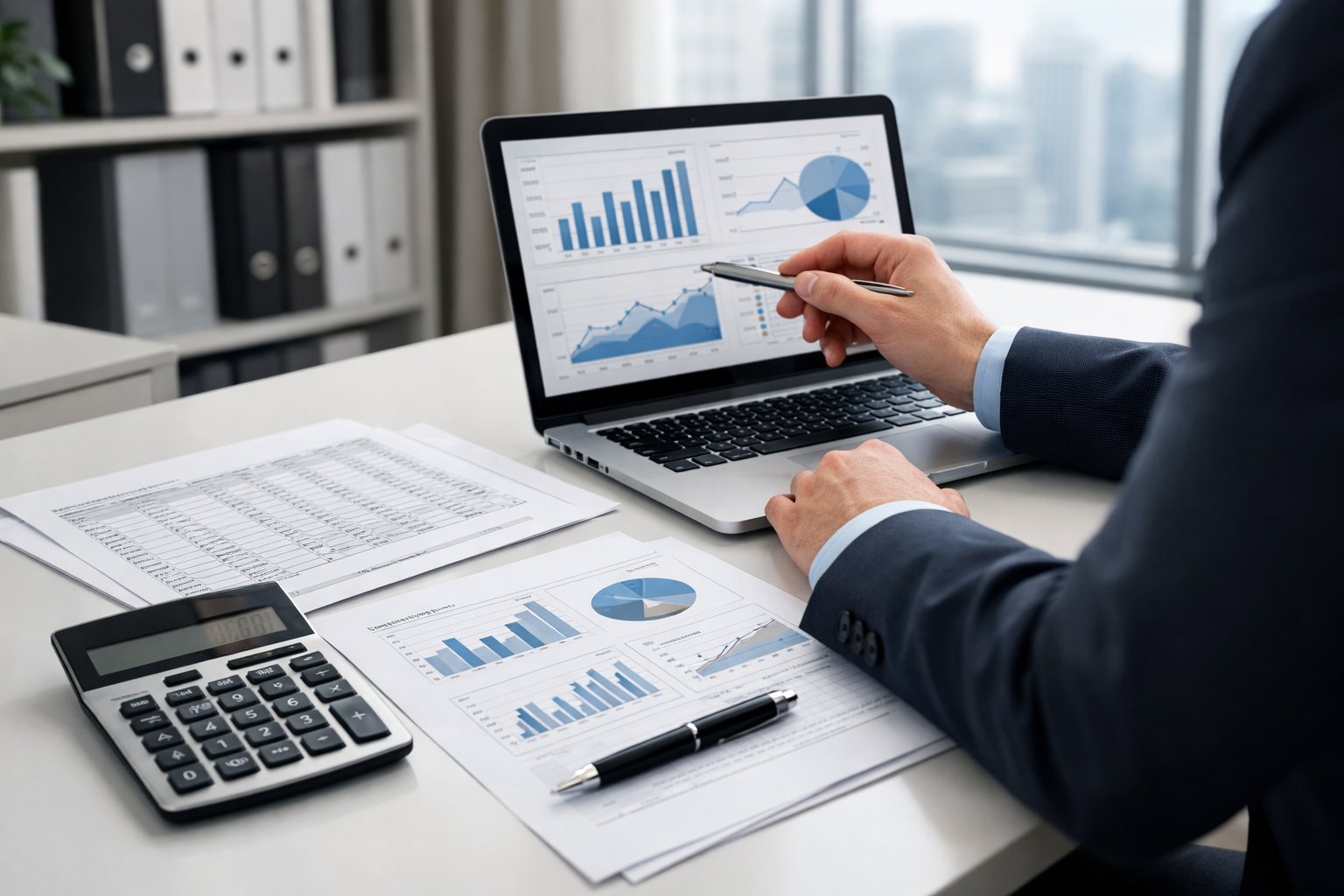 Une personne en tenue professionnelle travaille à un bureau avec des documents financiers et un ordinateur portable dans un bureau moderne lumineux.