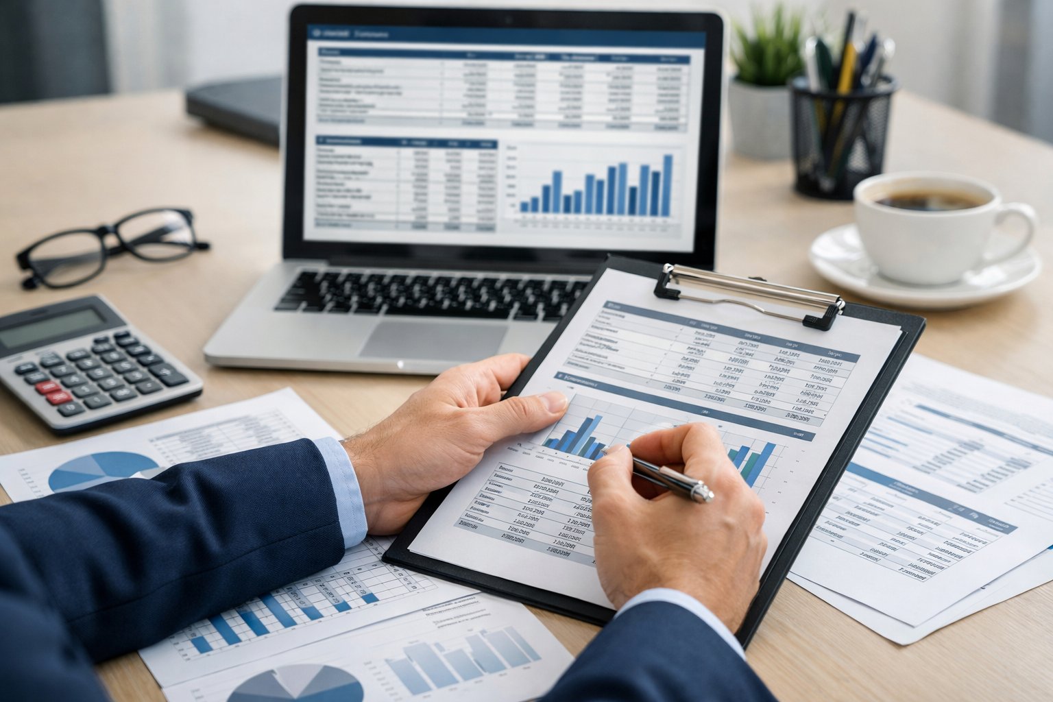 Personne en train d'examiner des documents financiers détaillés dans un bureau moderne et bien organisé.