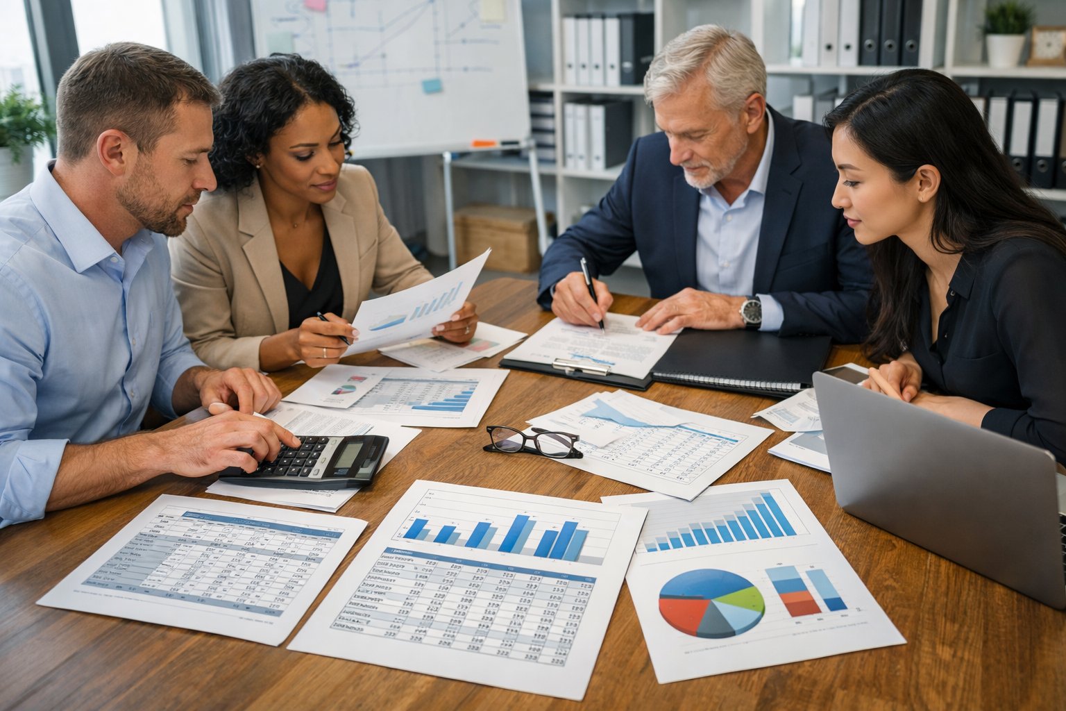 Des professionnels en réunion autour d'une table examinant des documents financiers et des graphiques dans un bureau lumineux.