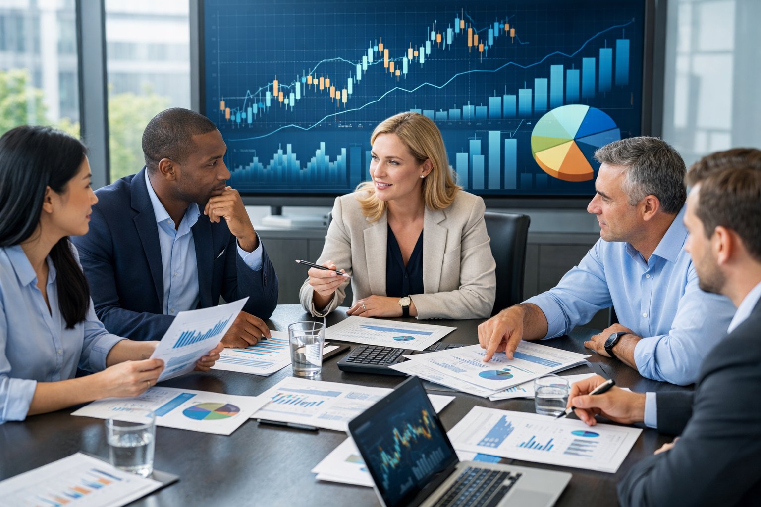Un groupe de professionnels en réunion autour d'une table avec des ordinateurs portables et des documents financiers dans un bureau lumineux.