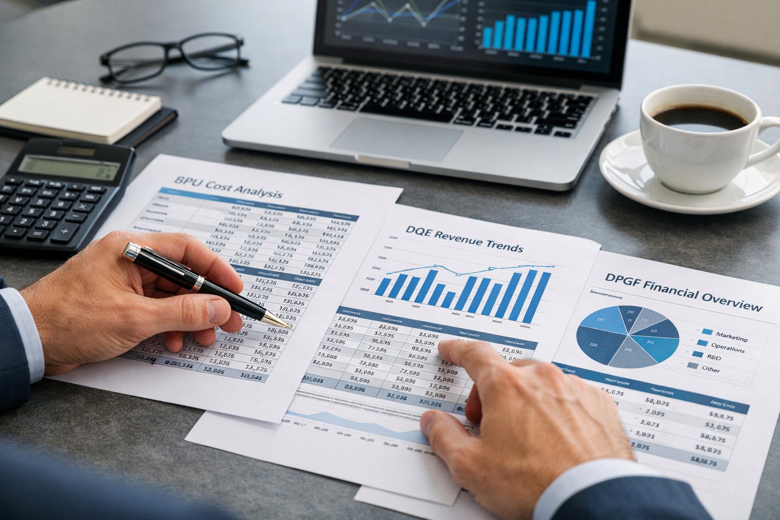 Personne examinant attentivement des documents financiers détaillés sur un bureau dans un bureau lumineux.