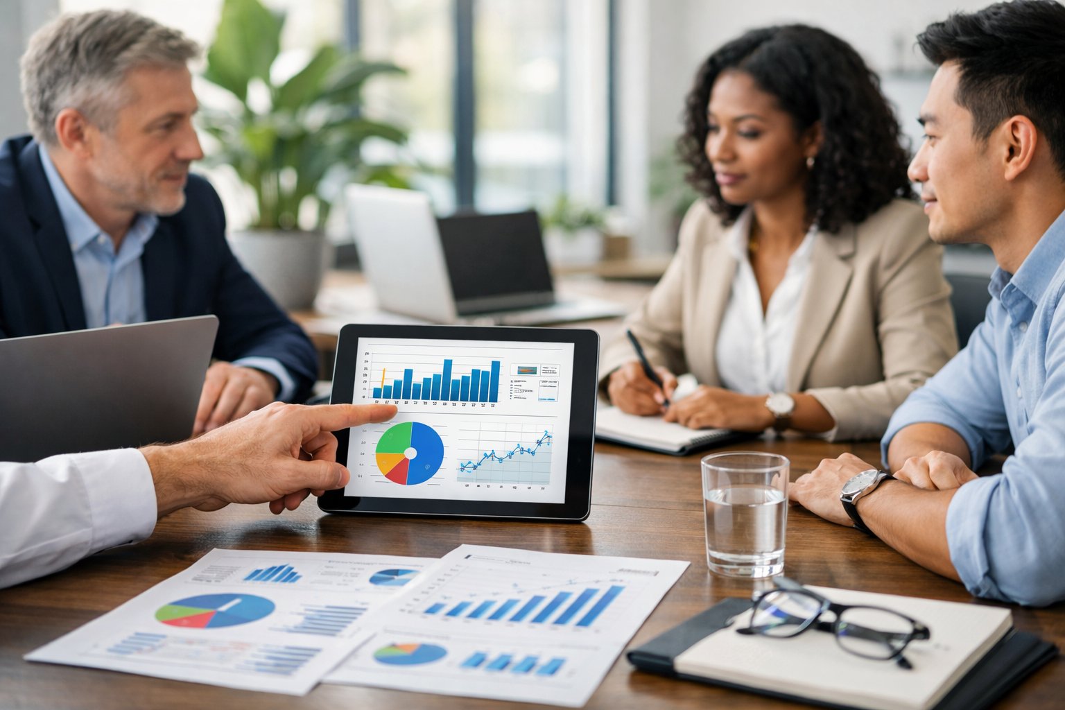 Un groupe de professionnels en réunion autour d'une table avec des documents financiers et des ordinateurs portables dans un bureau lumineux.