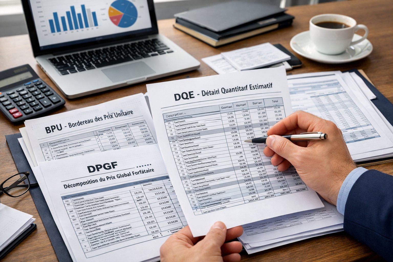 Personne en tenue professionnelle examinant des documents financiers détaillés sur un bureau bien organisé avec un ordinateur portable et une calculatrice.