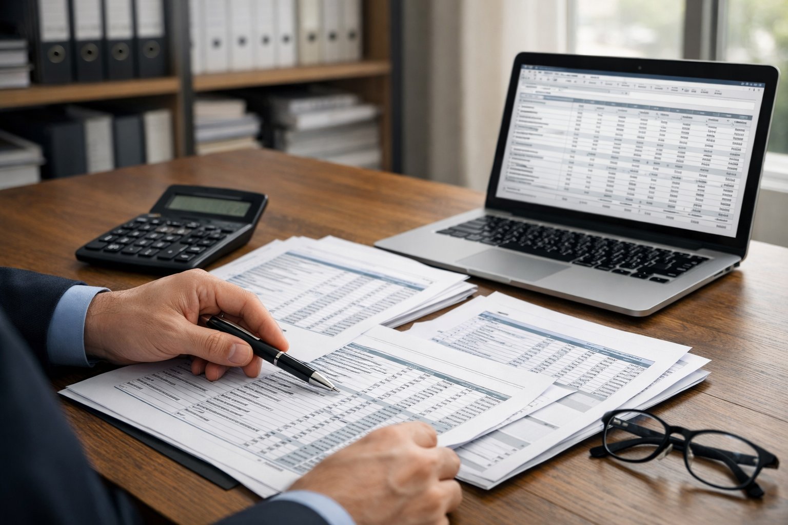 Personne en tenue professionnelle examinant des documents financiers détaillés sur un bureau organisé dans un bureau moderne.