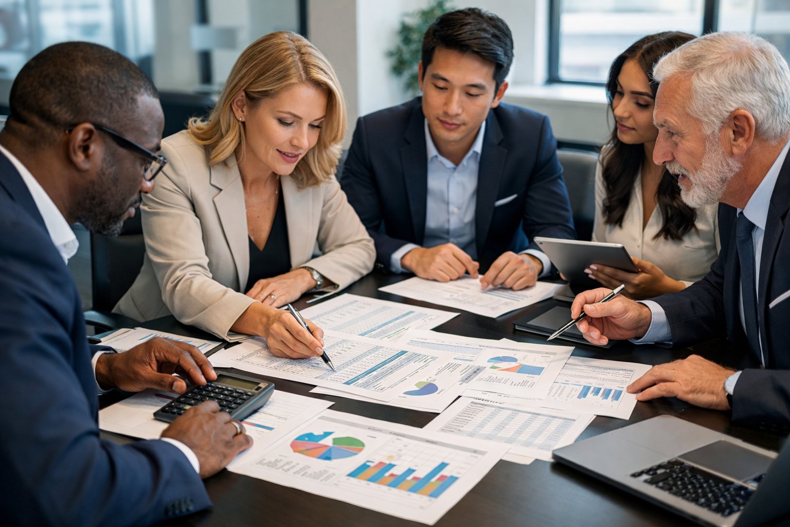 Des professionnels en réunion autour d'une table examinant des documents financiers dans un bureau moderne.