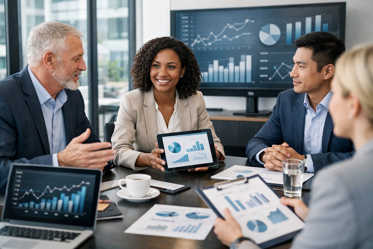 Des professionnels en réunion dans un bureau moderne, discutant autour d'une table avec des documents financiers et des ordinateurs portables.