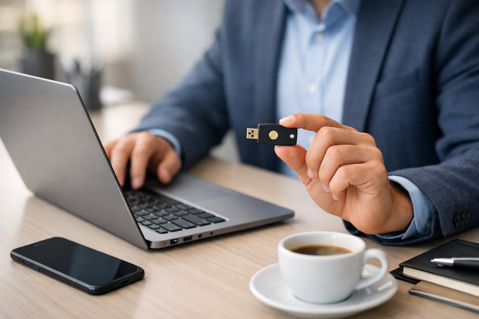 Une personne assise à un bureau moderne utilisant un ordinateur portable et tenant une clé de sécurité électronique.