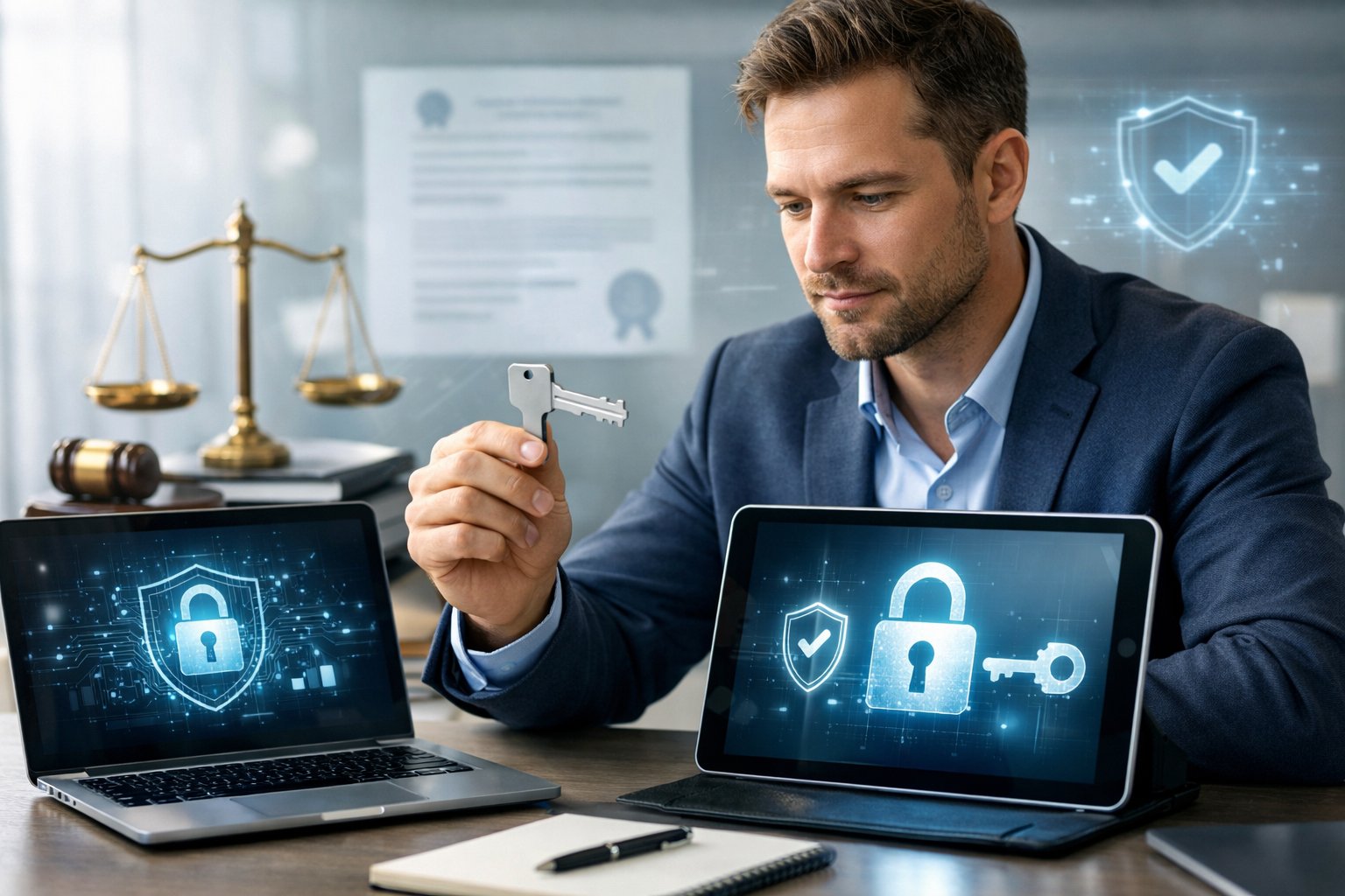 Un professionnel concentré dans un bureau moderne utilisant un ordinateur portable et une tablette affichant des icônes de sécurité numérique.