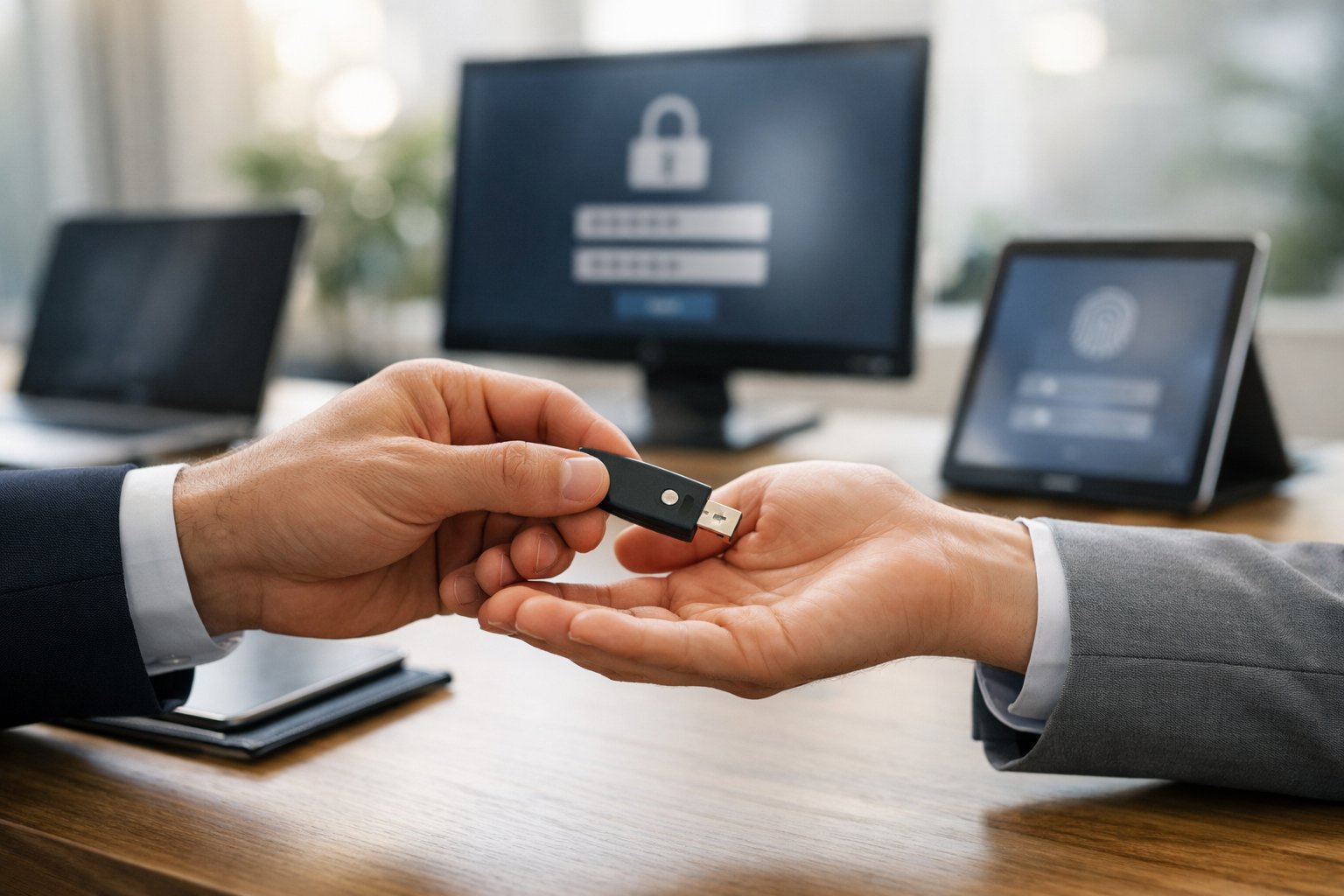 Deux personnes échangent une clé numérique dans un bureau lumineux et moderne.