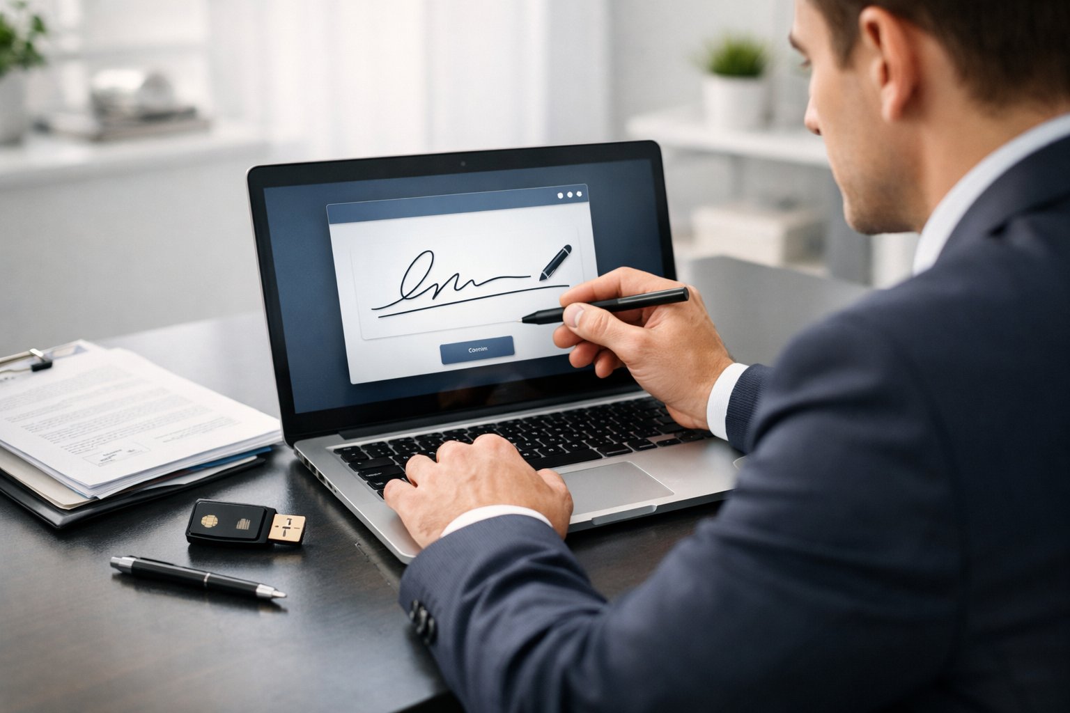 Une personne en tenue professionnelle utilisant un ordinateur portable et un dispositif sécurisé pour obtenir une clé de signature électronique dans un bureau moderne.