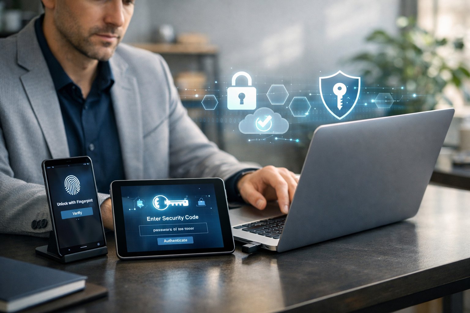 Une personne professionnelle utilisant un ordinateur portable dans un bureau moderne, entourée d'appareils numériques symbolisant la sécurité électronique.
