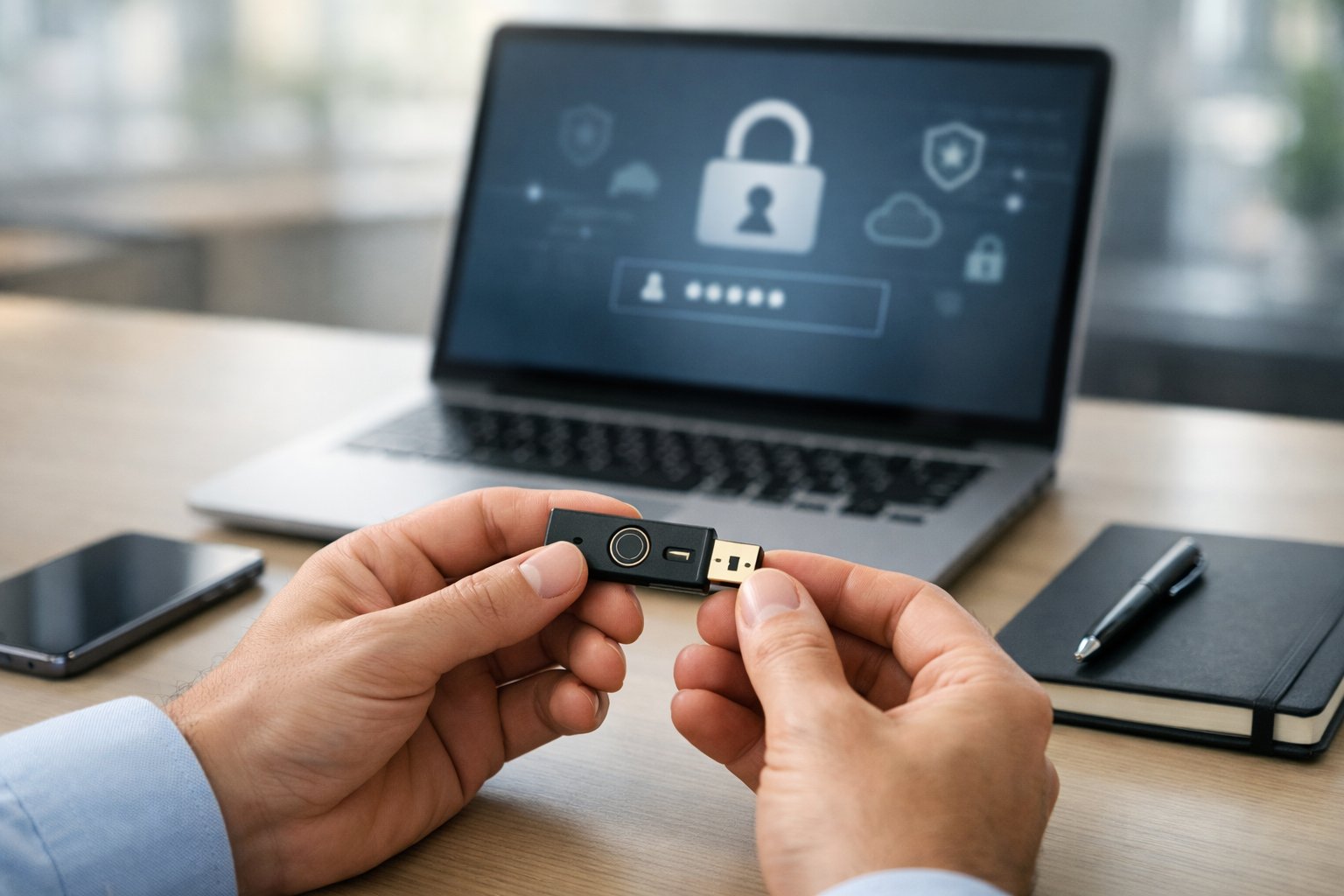 Une personne tenant une clé USB de sécurité devant un ordinateur portable dans un bureau moderne.