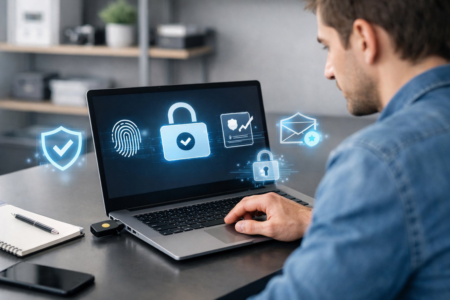 Personne installant une clé de signature électronique sur un ordinateur portable dans un bureau moderne.
