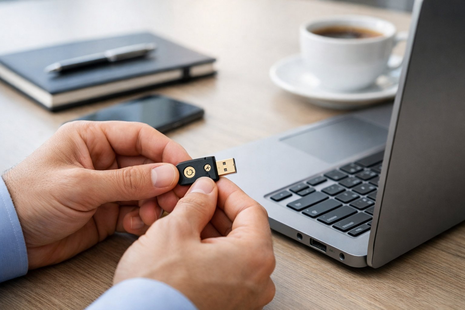 Une personne insère une clé de signature électronique dans un ordinateur portable sur un bureau de bureau moderne.
