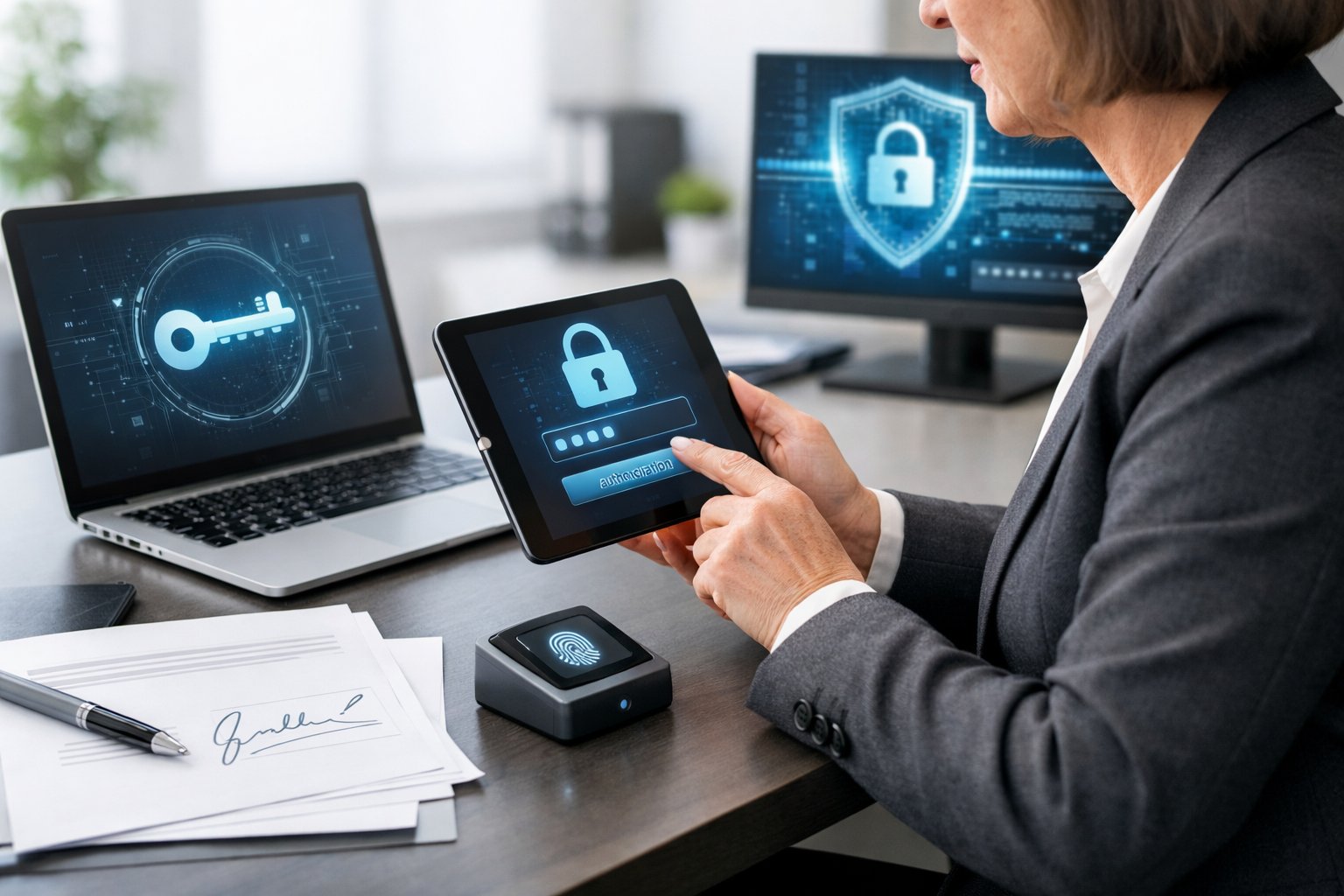 Personne professionnelle utilisant un ordinateur et une tablette dans un bureau moderne, illustrant la sécurité et les bonnes pratiques liées à la signature électronique.