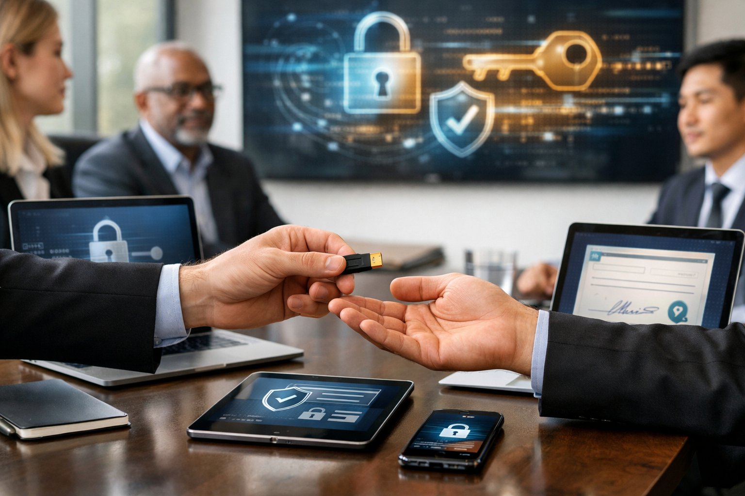 Des professionnels en réunion dans un bureau moderne, échangeant une clé de sécurité électronique avec des appareils numériques affichant des symboles de cybersécurité en arrière-plan.