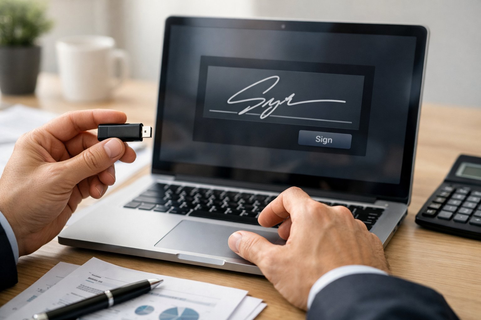 Une personne d'affaires tenant une clé de signature électronique devant un ordinateur portable avec des documents et une calculatrice sur un bureau.