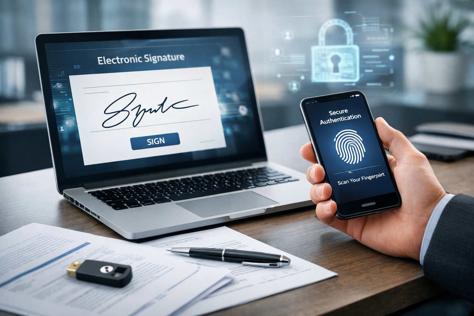 Un bureau moderne avec un ordinateur portable affichant une interface de signature électronique et une personne tenant un smartphone avec une application d'authentification sécurisée.