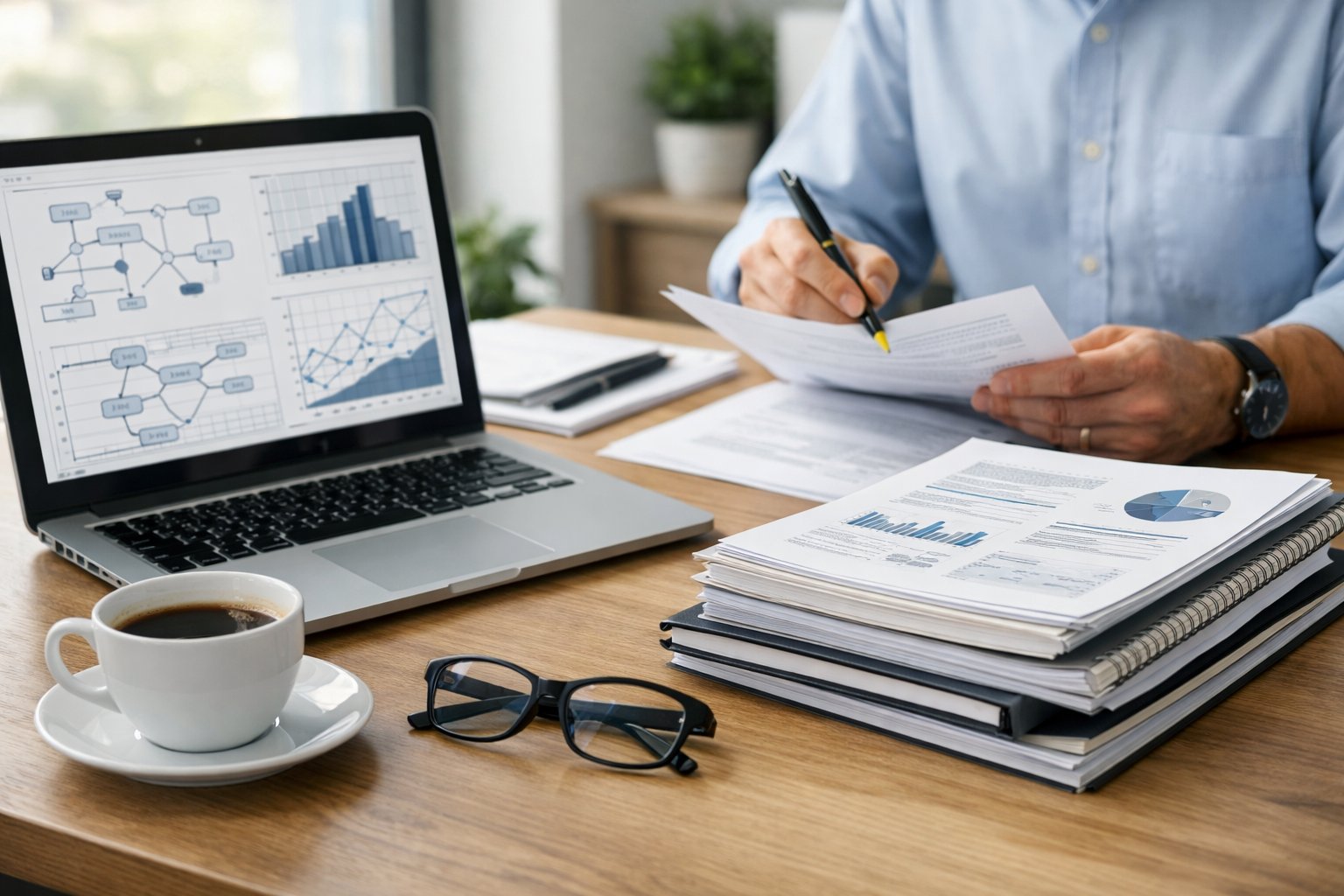 Un bureau organisé avec un ordinateur portable, des documents techniques, une personne examinant des papiers, le tout dans un environnement de travail lumineux.