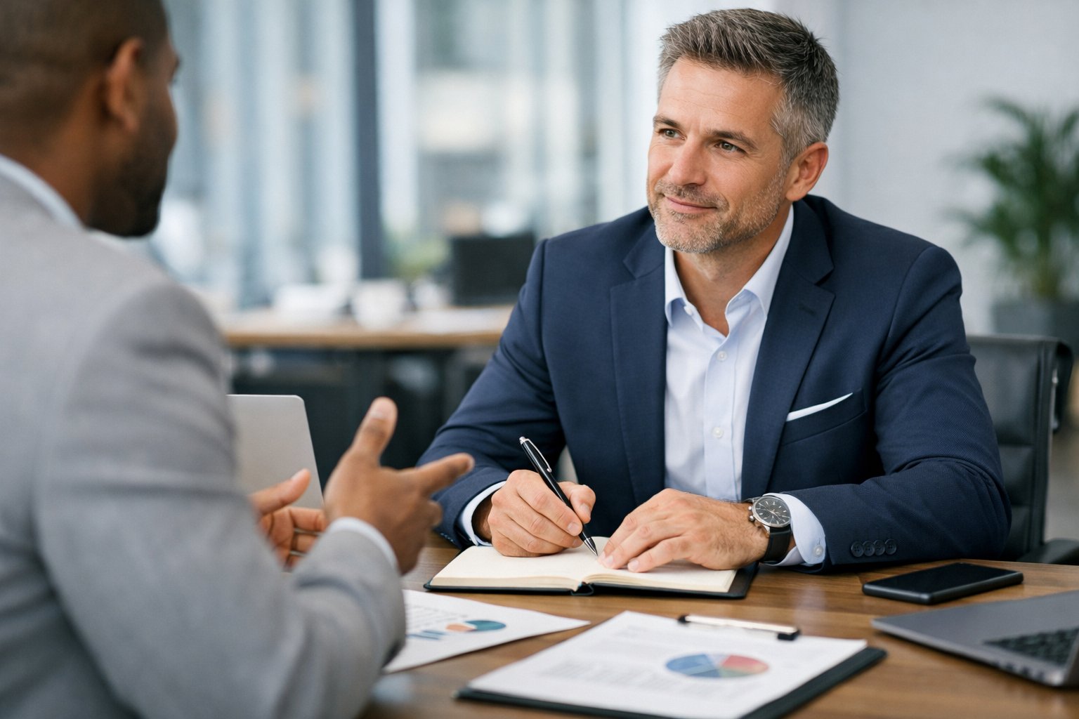 Deux professionnels en réunion dans un bureau moderne, l'un écoute attentivement tandis que l'autre explique des idées, illustrant la compréhension parfaite du besoin.