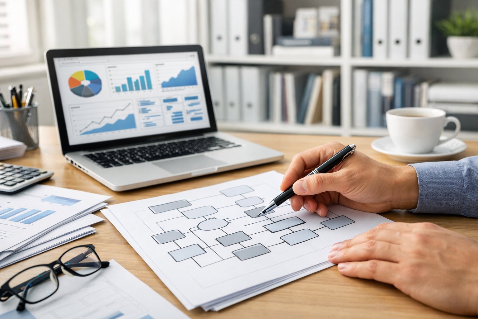 Une personne travaillant à un bureau organisé avec des documents, un ordinateur portable affichant des graphiques, et un schéma structuré sur papier dans une pièce lumineuse.