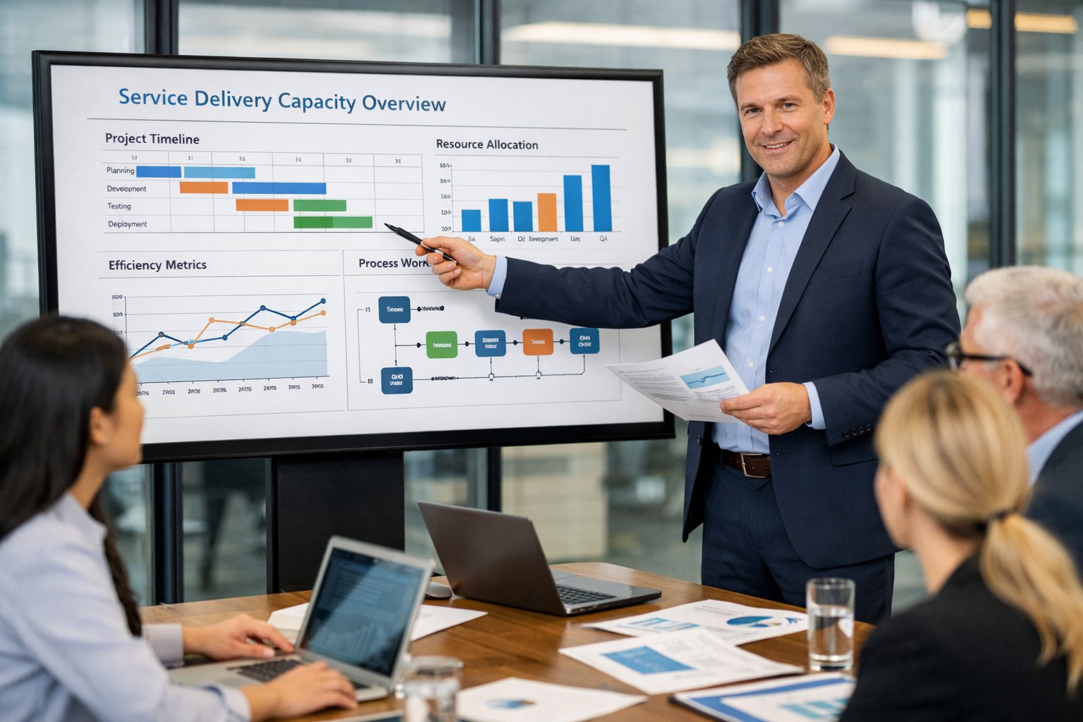 Un professionnel présente un rapport technique à des collègues dans une salle de réunion moderne.