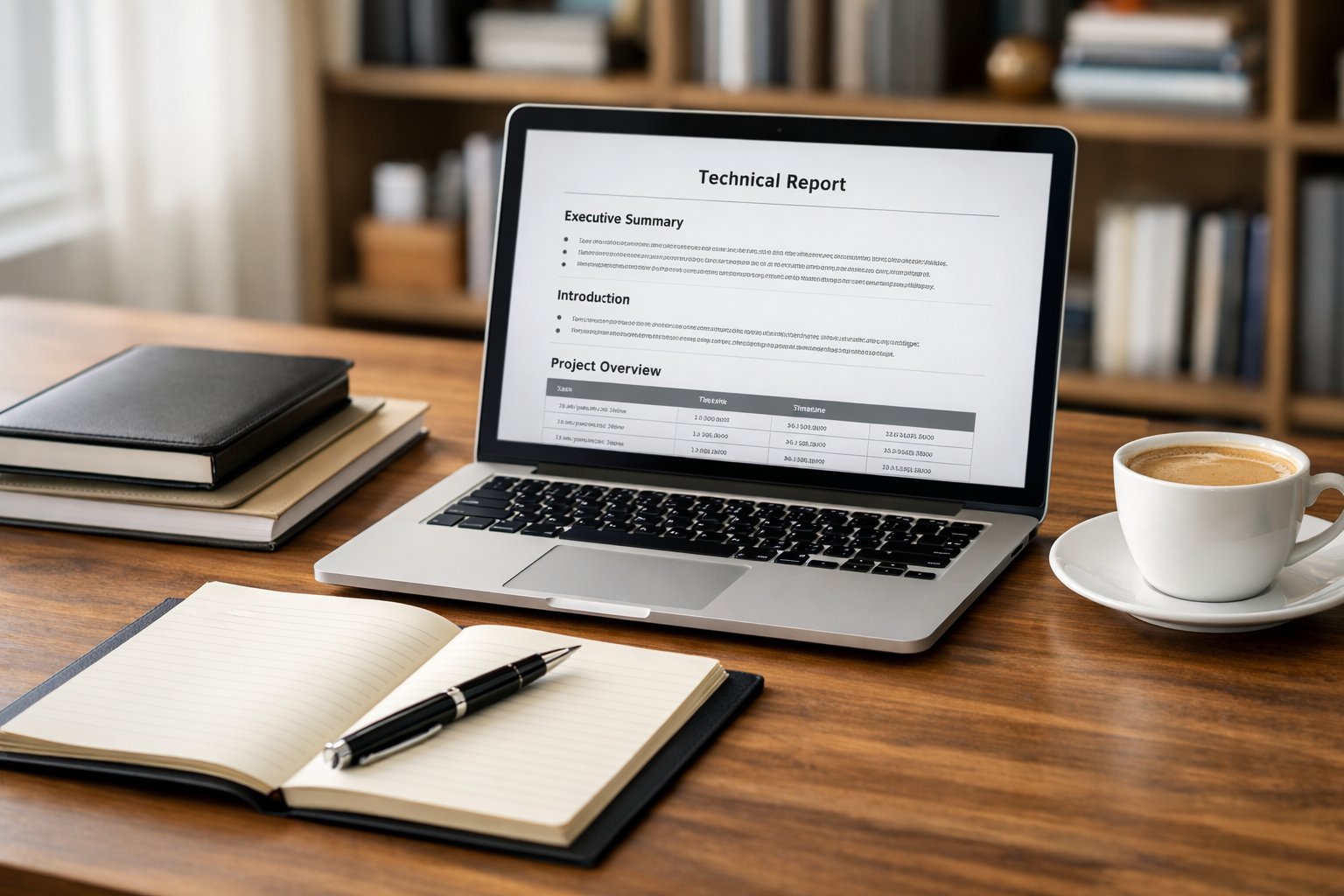 Un espace de travail moderne avec un ordinateur portable ouvert sur un document structuré, des carnets, un stylo et une tasse de café sur un bureau bien organisé.