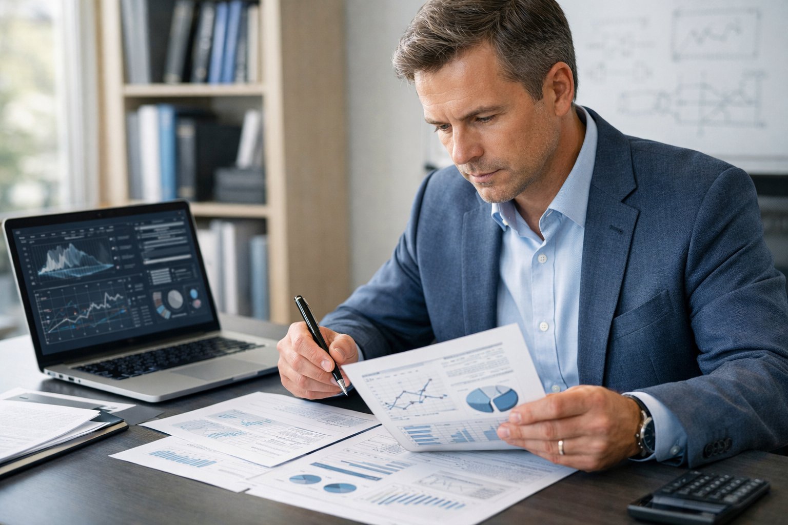 Une personne concentrée examinant des documents techniques à un bureau dans un bureau lumineux.