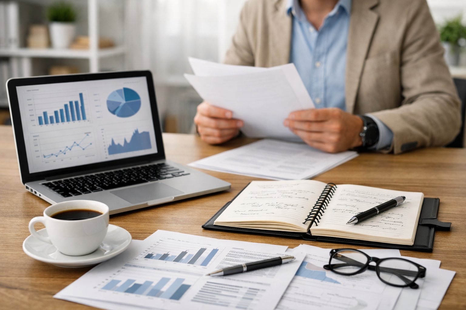 Un bureau moderne avec un ordinateur portable, des documents techniques, une tasse de café, et une personne examinant des papiers dans un environnement de bureau lumineux.