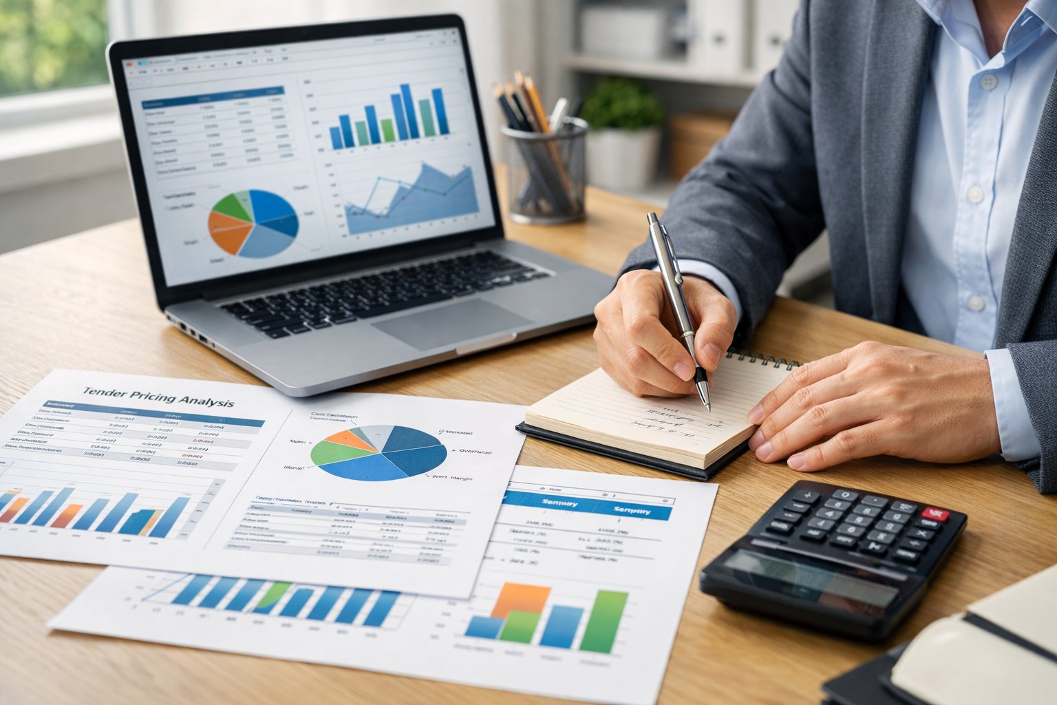 Une personne en tenue professionnelle analysant des documents et des graphiques sur un bureau dans un bureau lumineux.