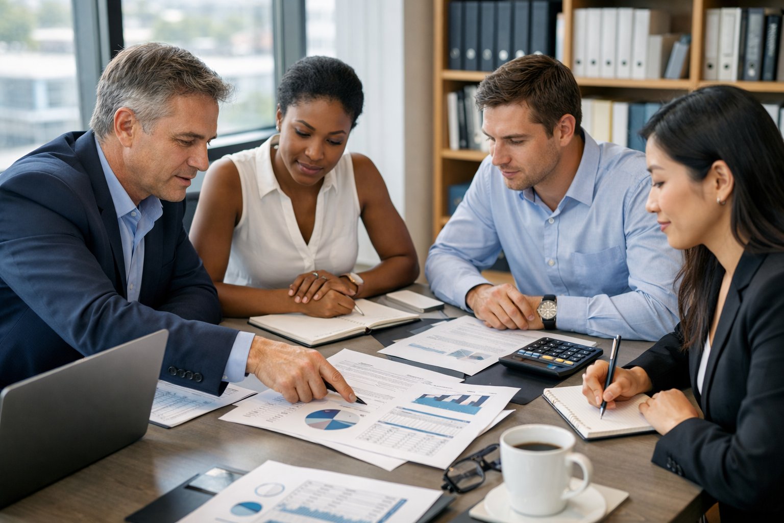Un groupe de professionnels en réunion dans une salle de conférence, examinant des documents et des ordinateurs pour analyser des prix et des offres.