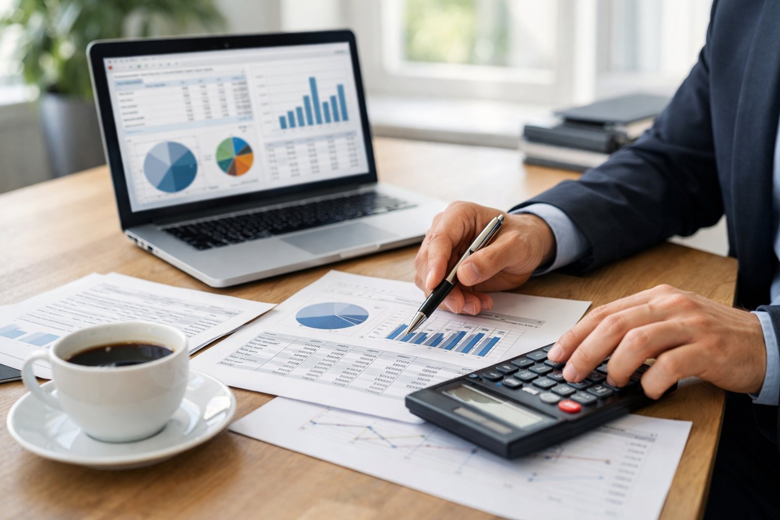 Une personne en train de calculer des coûts et des prix dans un bureau moderne avec un ordinateur portable, des documents financiers et une calculatrice.