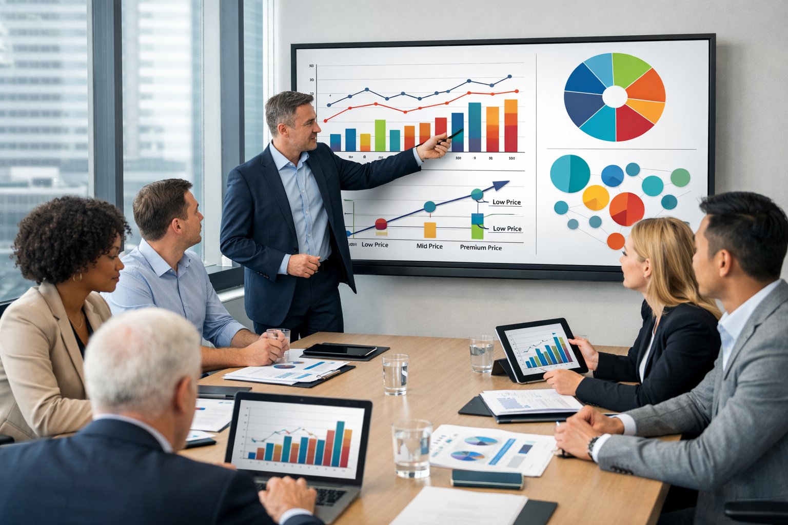 Des professionnels en réunion autour d'une table discutant de stratégies de prix et de positionnement dans un bureau moderne.