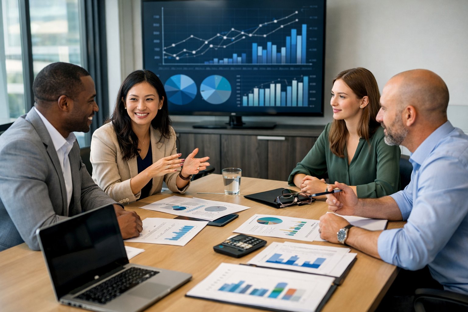 Des professionnels en réunion autour d'une table de conférence, discutant de données et graphiques sur les prix et la concurrence.
