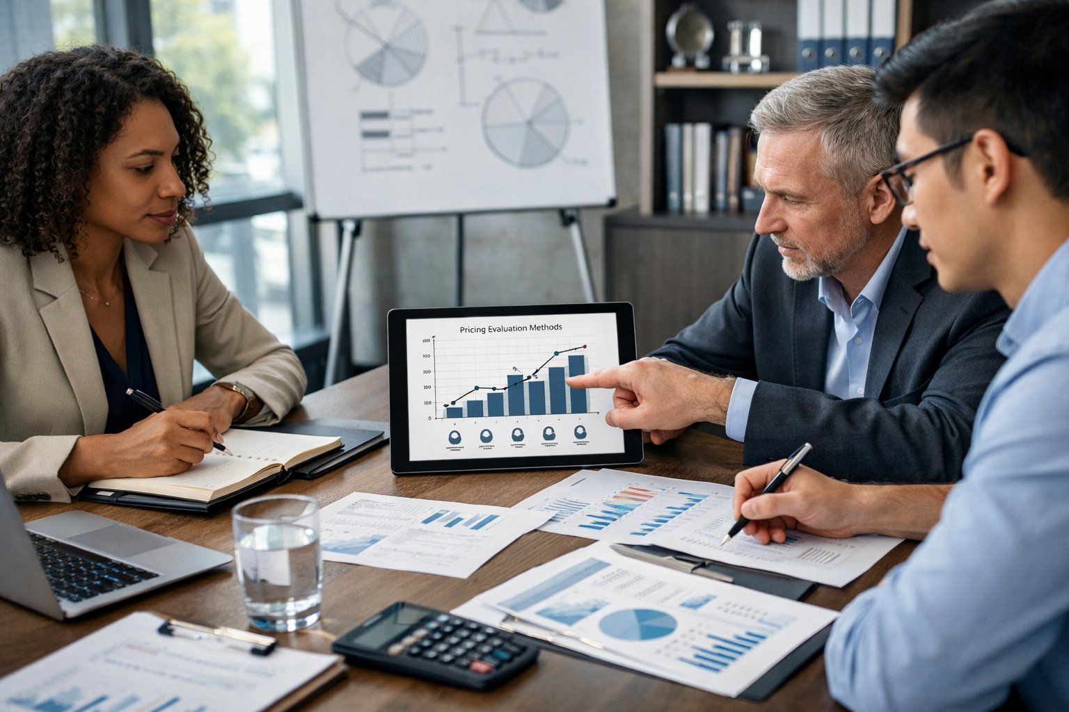 Des professionnels en réunion autour d'une table de conférence, examinant des documents et des graphiques pour déterminer des prix dans un contexte d'appel d'offres.