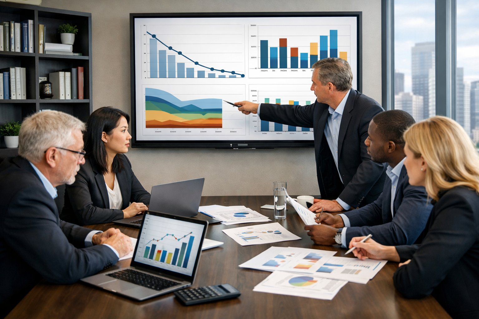 Un groupe de professionnels en réunion autour d'une table, analysant des documents et des graphiques pour déterminer des prix lors d'un appel d'offres.