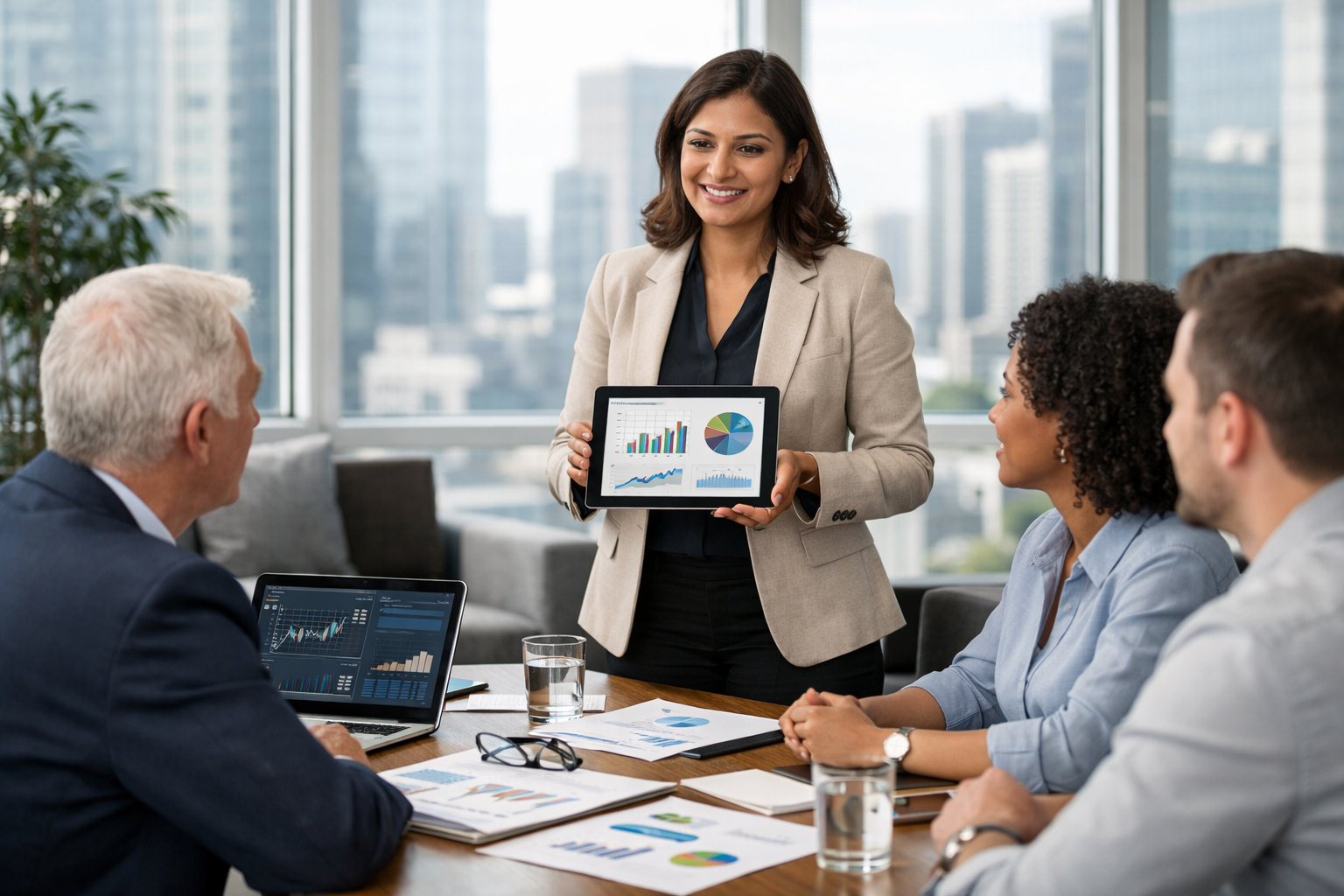 Une réunion professionnelle dans un bureau moderne avec des personnes discutant de stratégies de tarification autour d'une table de conférence.