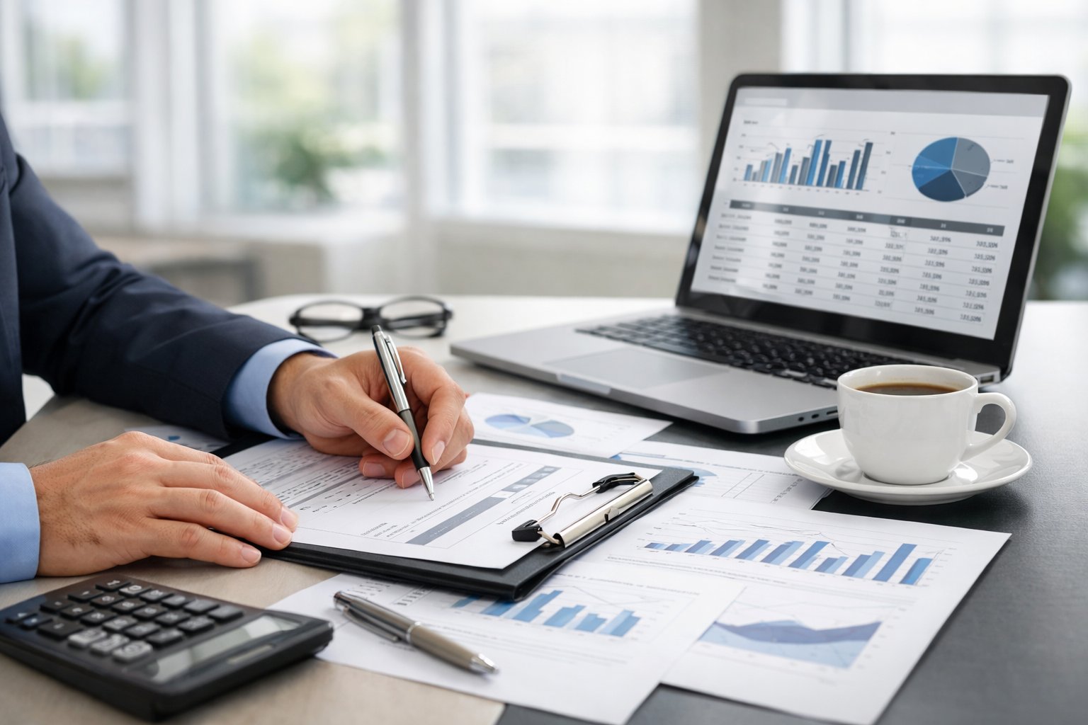 Une personne en tenue professionnelle travaillant à un bureau avec des documents, un ordinateur portable et des graphiques, analysant des données pour préparer une offre de prix.