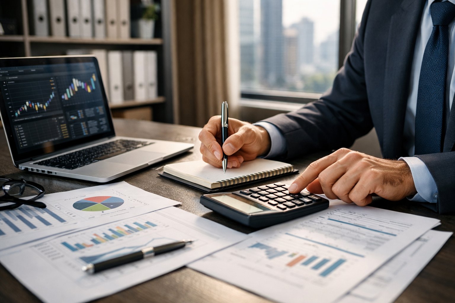 Une personne en tenue professionnelle ajuste des chiffres sur une calculatrice à un bureau avec des documents et un ordinateur portable dans un bureau moderne.