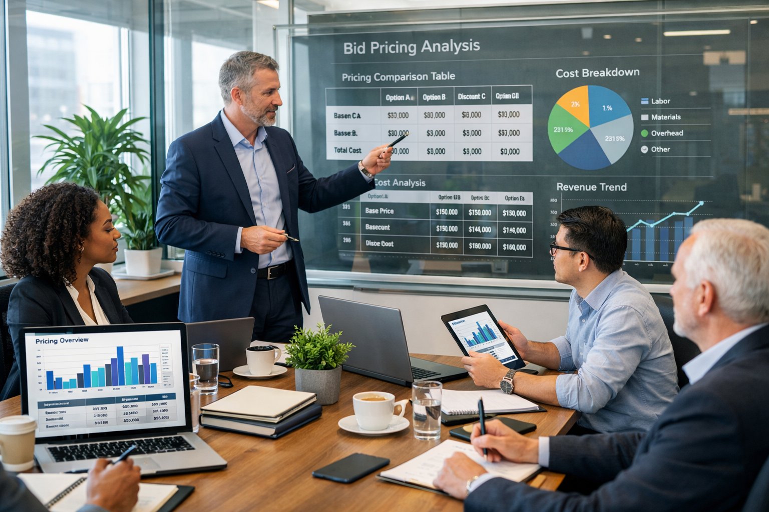 Un groupe de professionnels en réunion dans une salle de conférence analysant des données sur des écrans et discutant autour d'une table.