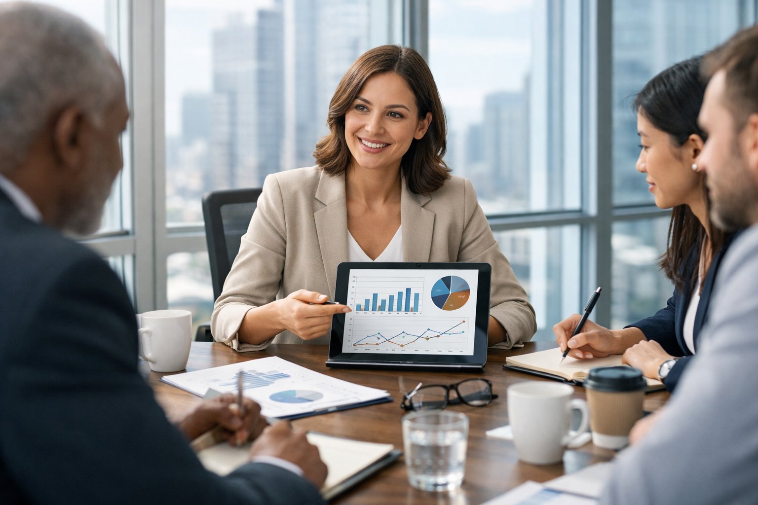 Des professionnels en réunion dans un bureau moderne, discutant de stratégies de tarification autour d'une table avec des documents et des appareils numériques.
