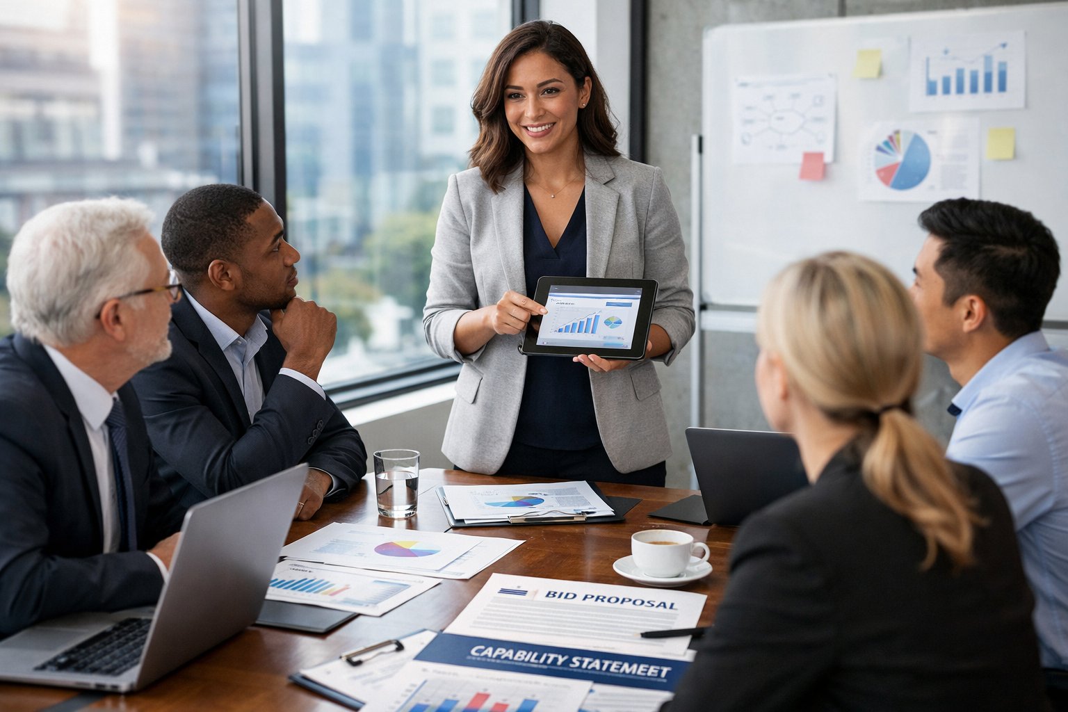 Un groupe de professionnels en réunion dans un bureau moderne, une femme présente un projet sur une tablette à ses collègues autour d'une table de conférence.