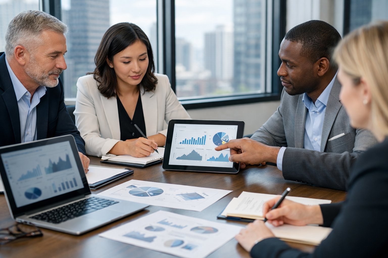Un groupe de professionnels en réunion dans une salle de conférence, collaborant autour de documents et d'appareils numériques.