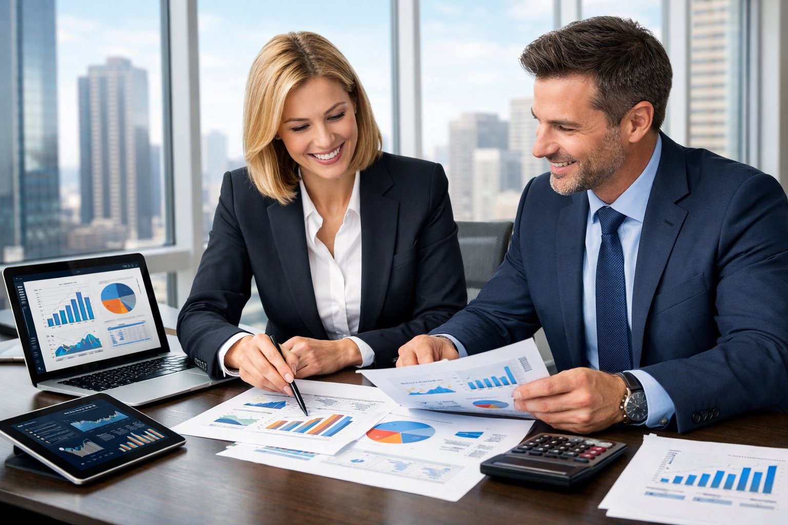 Deux professionnels en tenue formelle discutant de documents financiers dans un bureau moderne avec vue sur la ville.