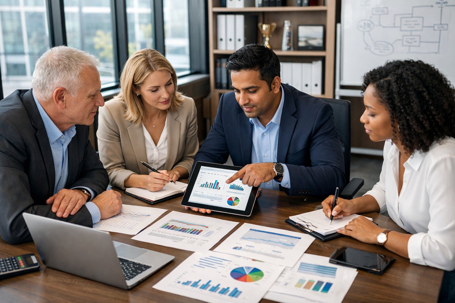 Un groupe de professionnels en réunion autour d'une table avec des documents et des ordinateurs, discutant de la préparation d'un dossier de capacités.
