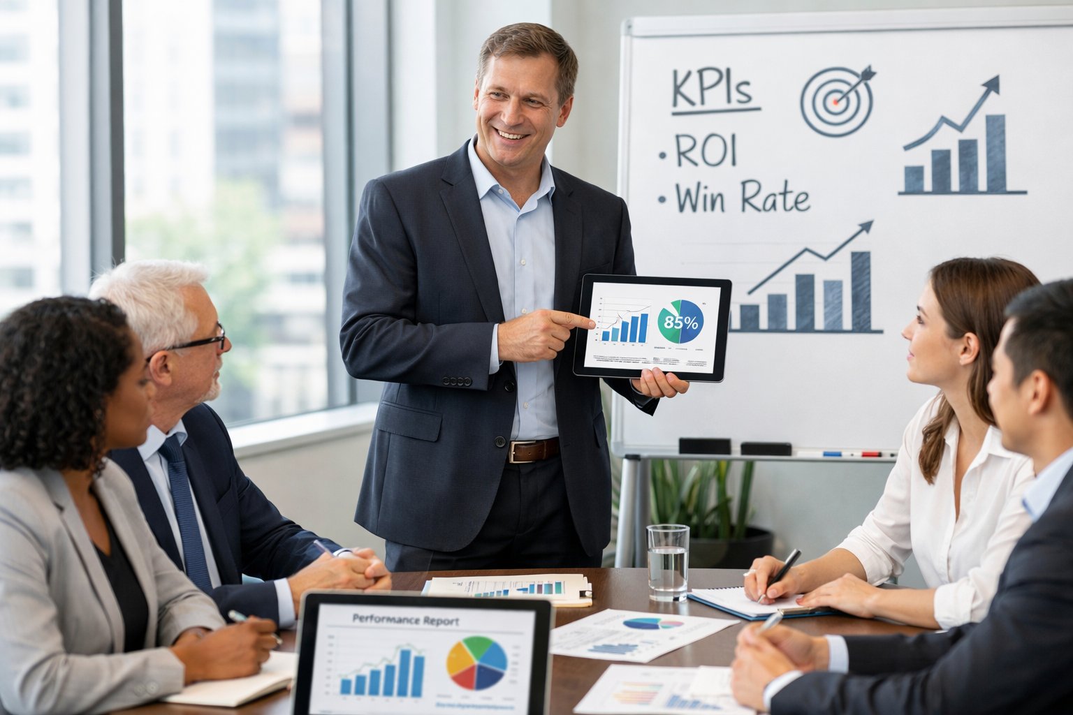 Des professionnels en réunion d'affaires examinant des graphiques et des données pour démontrer leurs capacités.