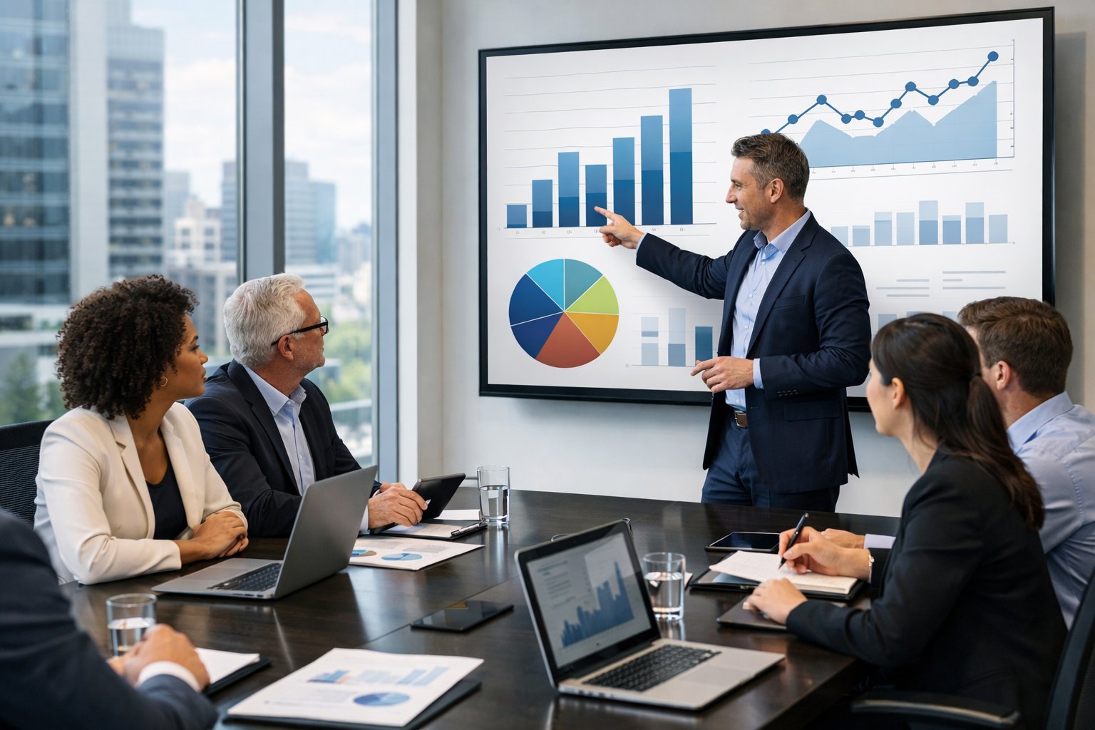 Un groupe de professionnels en réunion autour d'une table de conférence, discutant et analysant des documents et graphiques sur un écran dans un bureau lumineux.