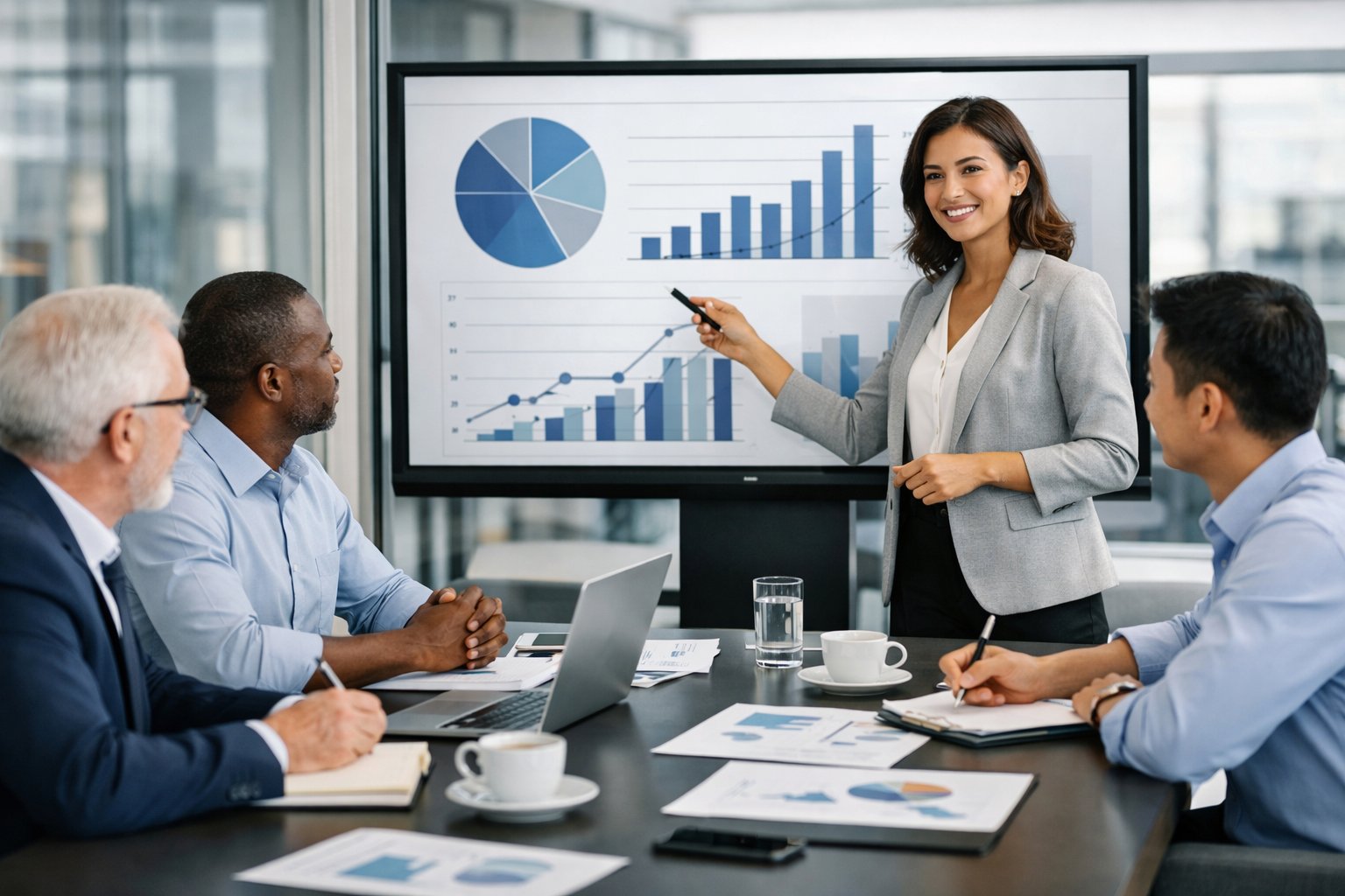 Un groupe de professionnels en réunion dans un bureau moderne, discutant et analysant des données sur un écran numérique.