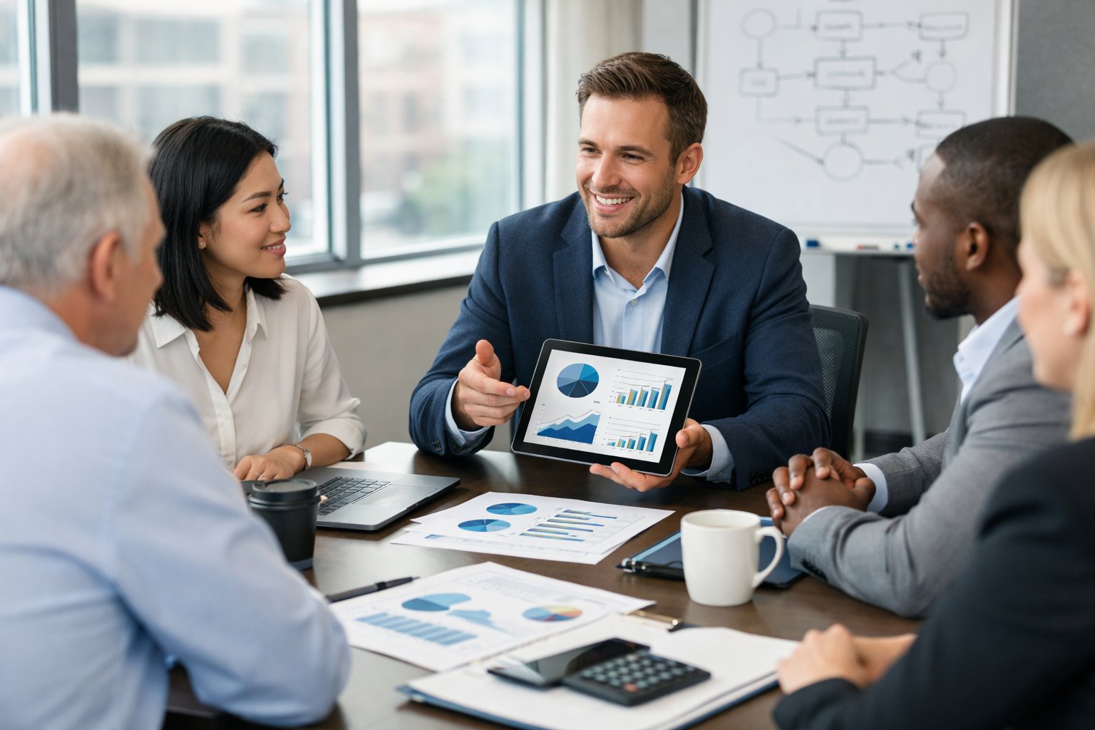 Un groupe de professionnels en réunion dans une salle de conférence moderne, discutant autour d'un ordinateur portable et de documents.