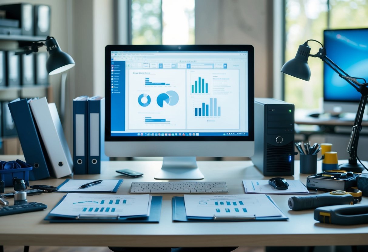 Un bureau bien organisé avec un ordinateur, des dossiers et des documents techniques, entouré d'outils et d'équipements d'ingénierie